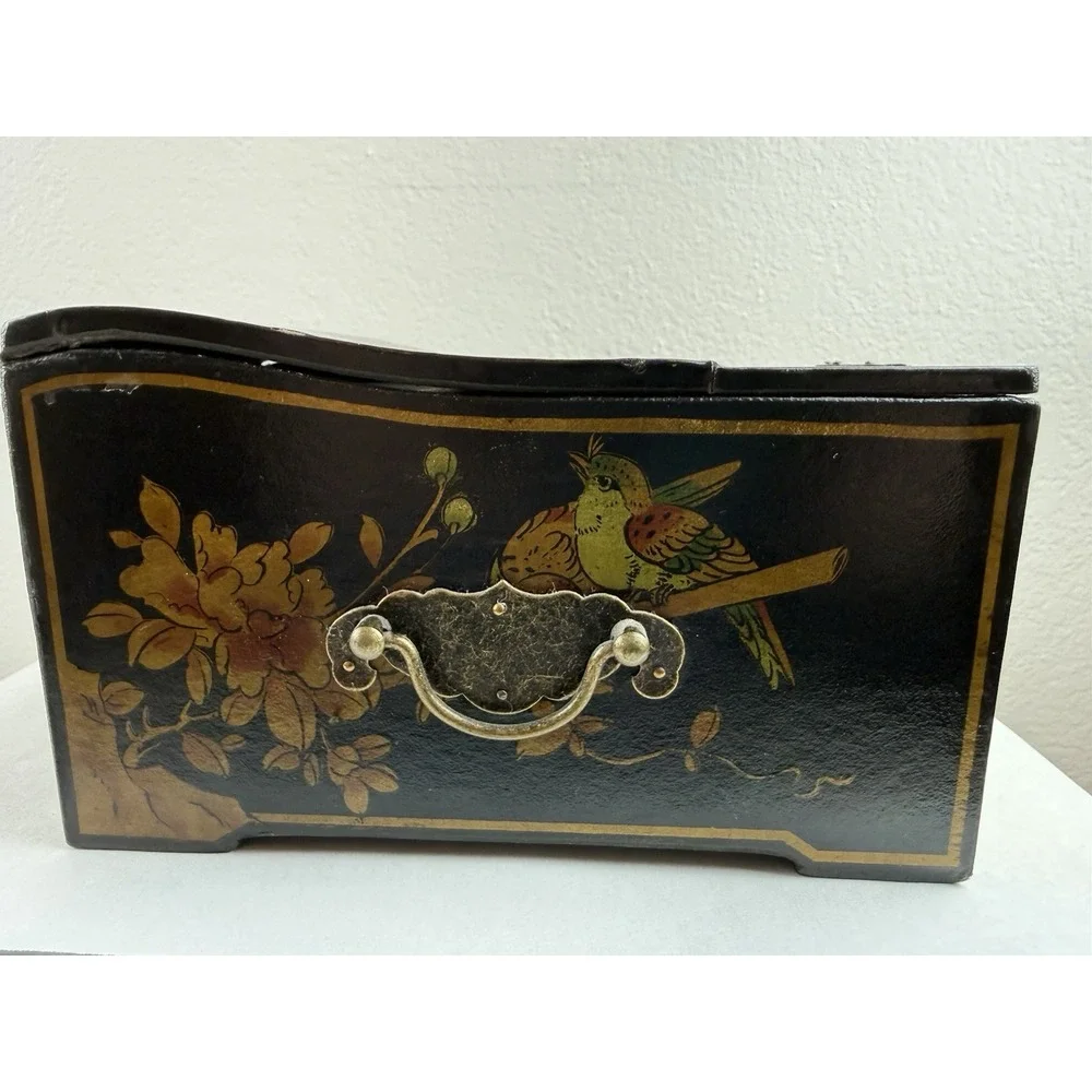 Antique Chinese Wood Lacquered Makeup Oval Vanity Fold Up Mirror Jewelry Box